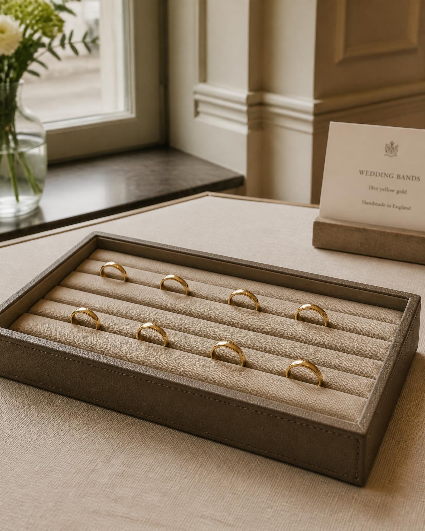 A tray of gold wedding bands presented in a UK jeweller's showroom